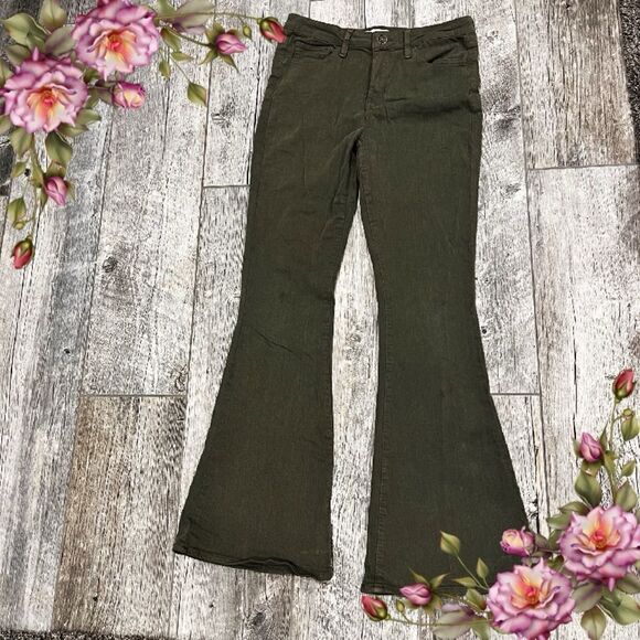 Military green color flared high rise jeans - Picture 1 of 15